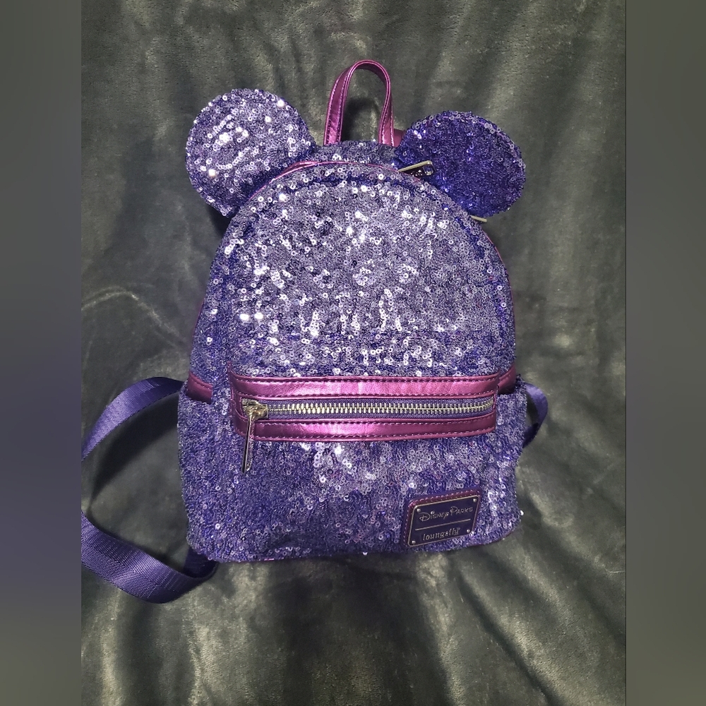 DisneyLoungefly Purple Sequin Backpack - Picture 7 of 13
